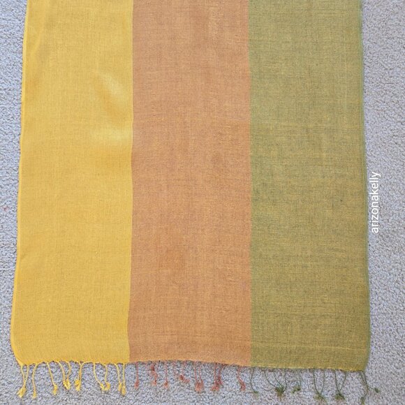 Mila Schon Linen Scarf Yellow Green Brown Earth Tones - Picture 2 of 14